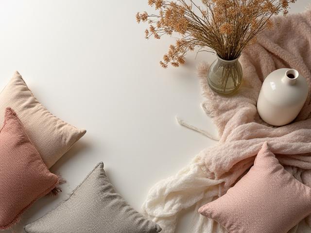 Stilige puter og dekorative vaser på et bord