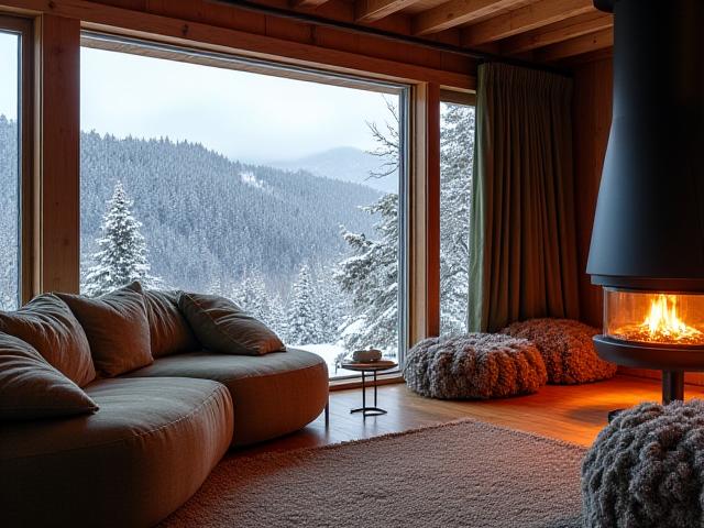 Koselig hytteinteriør på fjellet med naturlige materialer, designet av Anis Interiør.