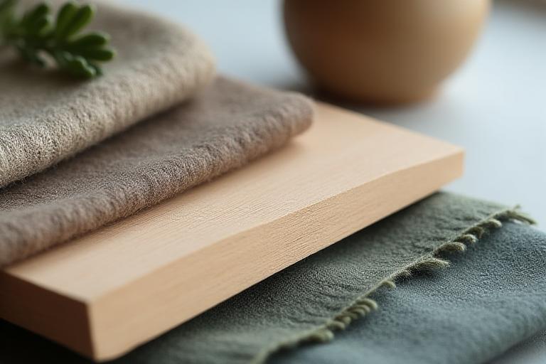 Nære-bilde av naturlige trematerialer og ulltekstiler som symboliserer skandinaviske designprinsipper